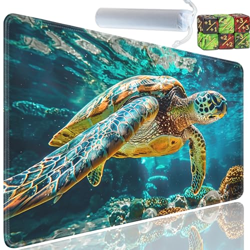 Playmat for MTG, 24x14 Inches Playmats, for TCG and CCG Trading Card Game Mat, Non-Slip Rubber for MTG Playmats with A Storage Bag and 6 Dice Set, Turtles in The Water Pattern - color: Yu-Playmat-1-D112