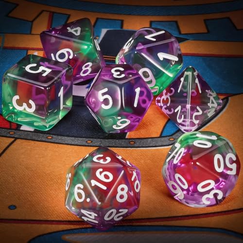 QMAY DND Dice Set -D&D Polyhedral Dice (7 Pcs) for Dungeons and Dragons (Purple Green Transparent) - color: Purple Green Transparent