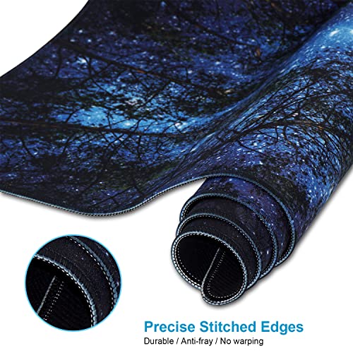XXL Waterproof Office Desk Pad Protector 35.4x15.7 Inch - Extended Gaming Mouse Pad with Non-Slip Rubber Base, Thickened Keyboard Mat, Stitched Edges & Forest Starry Design - color: Blue