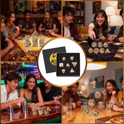 Metal Dice Set, Flat Face Design Dragon Pattern, 7pcs Polyhedral Metal DND Dice Set, DND Starter Set, D&D Gifts with Gift Box, Role Playing Board Games Accessories, Bronze - color: Bronze