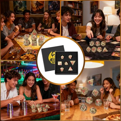 Metal Dice Set, Flat Face Design Dragon Pattern, 7pcs Polyhedral Metal DND Dice Set, DND Starter Set, D&D Gifts with Gift Box, Role Playing Board Games Accessories, Bronze - color: Bronze