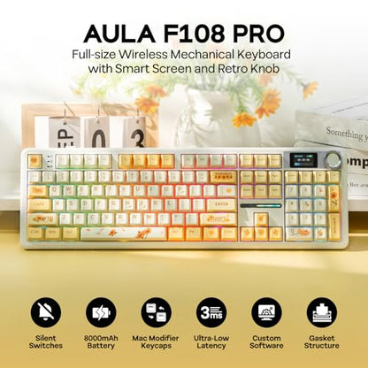 EPOMAKER X Aula F108 PRO Wireless Gaming Keyboard with Screen, 8000mAh Battery, 104 Hot-Swappable and Programmable Keys and Knob, RGB Backlight, for Mac/PC/Android (Grey&Yellow) - color: Grey&Yellow
