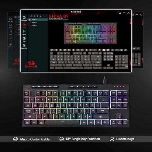 Redragon K516 Shiva TKL Wired RGB Membrane Gaming Keyboard, 87 Keys Mechanical-Feel Keyboard w/Smooth Linear Switch, On-Board Macro & Dedicated Multimedia Keys, 16.8M RGB Backlit, Software Supported - size: 87 Keys