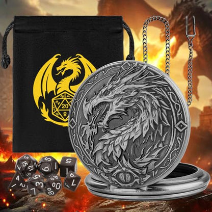 Mini DND Dice Set, 7-Piece Polyhedral Acrylic D&D Dice, with Steampunk Dragon Large Pocket Watch Case, DND Gift Bag with Dragon Logo, Role Play Board Game Accessories, Dark Silver + Brown - color: Silver + Brown