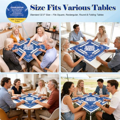 Shipped Rolled Mahjong Mat with Rules Without Creases, 3mm, 32.5" x 32.5" | Anti-Slip Rubber Base, Travel-ready with Carry Bag, Soft & Water-Repellent Surface, Noise-Reduce, for Poker & Card game - color: Blue