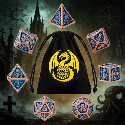 Metal Dice Set, Octopus Pattern, 7pcs Polyhedral Metal DND Dice Set, DND Starter Set, D&D Gifts with Gift Bag, Role Playing Board Games Accessories, Red Copper Border Blue - color: Blue With Gift Bag