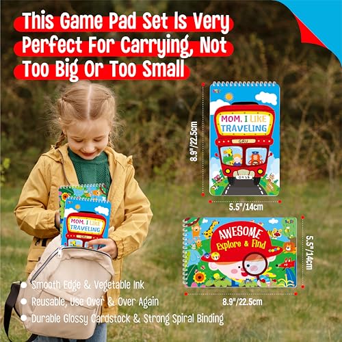 2 Travel Game Pads, 61 Dry Erase Activities Games Reusable & Erasable Book, Fun Explore & Find Brain Challenge Games Interesting Educational Toy and Learning Tool for Road Trip Airplane Travel - style: Comprehensive Games+Explore & Find