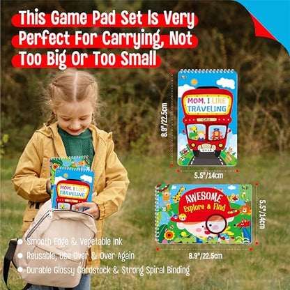 2 Travel Game Pads, 61 Dry Erase Activities Games Reusable & Erasable Book, Fun Explore & Find Brain Challenge Games Interesting Educational Toy and Learning Tool for Road Trip Airplane Travel - style: Comprehensive Games+Explore & Find