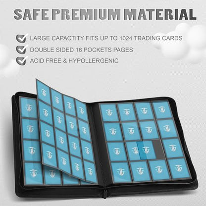 16 Pockets Trading Card Zipper Binder for 1000+ Cards| Secure Side Loading Pockets | Trading Card Album Folder | Compatible with YuGiOh, MTG,Sports Cards (Black 16) - color: Black 16