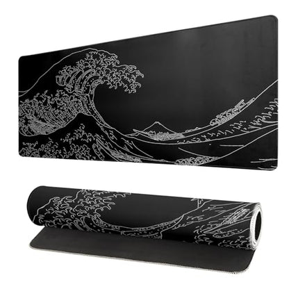 Japanese Sea Wave Large Mouse Pad Abstract Black Mouse Pad 31.5x11.8 Inch Black Kanagawa Texture Non-Slip Rubber Base Large Ocean Mousepad Stitched Edge Keyboard Mouse Mat Desk Pad for Office and Home - color: Japanese Sea Wave1