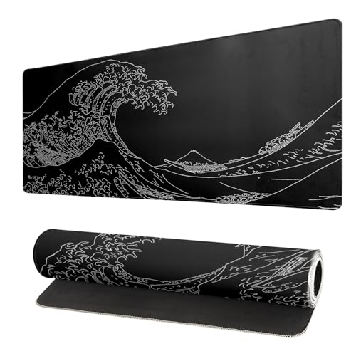 Japanese Sea Wave Large Mouse Pad Abstract Black Mouse Pad 31.5x11.8 Inch Black Kanagawa Texture Non-Slip Rubber Base Large Ocean Mousepad Stitched Edge Keyboard Mouse Mat Desk Pad for Office and Home - color: Japanese Sea Wave1