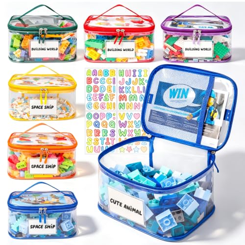 Tesuko 6 Pack Clear Toy Storage Bag with Name Tag& Manual Pocket, Waterproof Transparent PVC Toy Organizer Case for Lego Bricks, Board Games, Building Blocks, Puzzles (Large Capacity, Colorful) - color: Colorful-6PCS