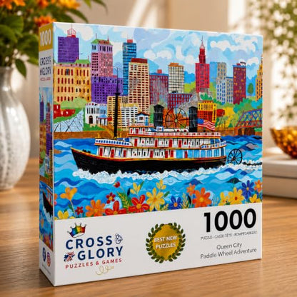 Cross & Glory | Jigsaw Puzzles for Adults | Queen City Paddle Wheel | Landscape Puzzles for Adults | Satin Finish | Ages 14+ - color: Queen City Adventure - River