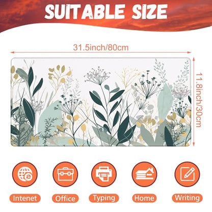 Desk Mat, Green Gold Plant Leaves Desk Pad, Wildflowers Large Gaming Mouse Pad for Desk, 31.5"x15.7" Extended Big Computer Keyboard Mouse Pad with Non-Slip Base and Stitched Edge - color: Green Gold Plant Leaves