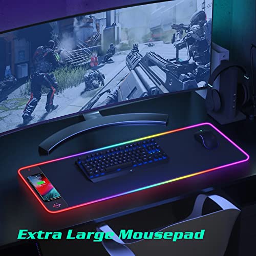 RGB LED Mouse Pad with 15W Wireless Charger Gaming Mouse Pad with 10 Light Modes, Extra Large Mousepad Non-Slip Rubber Base Computer Keyboard Mat for Men