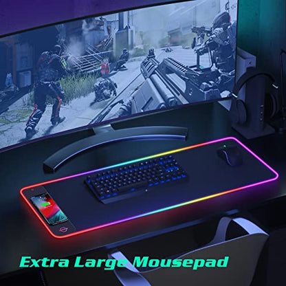 RGB LED Mouse Pad with 15W Wireless Charger Gaming Mouse Pad with 10 Light Modes, Extra Large Mousepad Non-Slip Rubber Base Computer Keyboard Mat for Men