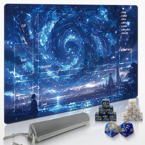 MTG Playmat with Storage Tube & 7-Dice Set - Waterproof TCG Playmat with Stitched Edges, Non-Slip Rubber Card Game Mat (24"x14") (playmat with Zones, Starry Sky) - color: Starry Sky, style: playmat with zones