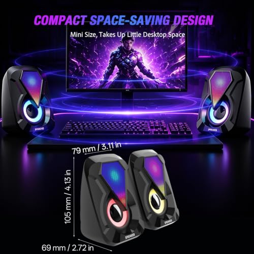 Computer Speakers, Desktop PC Speakers with 6 Colorful RGB Lights, Headphone Jack, Enhanced Bass and Volume Control, USB Powered & 3.5mm Aux Gaming Speakers for Laptop Monitor PC Tablet Phone-1053