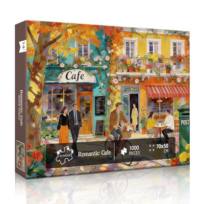 Romantic Cafe Puzzles for Adults 1000 Pieces,27.6x19.7in | Challenging Street Scene Jigsaw Puzzle,No Dust,Recycled Paper,Letters on Back,Stress Relief Gift for Family Games - color: Romantic Cafe