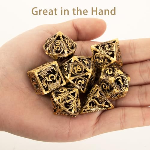 7PCS DND Dice Set, Premium Hollow Metal Polyhedral Dice with Treasure Chest & Dice Bag, Gift for Men & Women, Dungeons and Dragons, TTRPG RPG Tabletop Games (Antique Gold Copper) - color: Antiquegold-copper