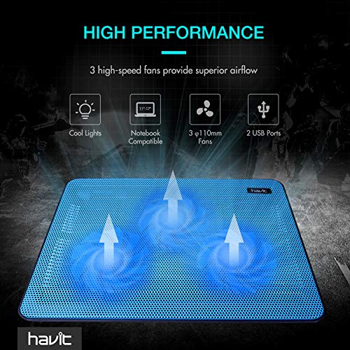 Havit HV-F2056 15.6-17 Inch Laptop Cooler Cooling Pad - Slim Portable USB Powered (3 Fans) (Blue) - color: blue