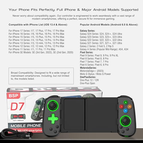 Joso Phone Controller for iPhone & Android, Wireless Mobile Game Controller with Hall Effect Joystick, Turbo | Compatible with iPhone 17-12, Galaxy S24-S21 Series for COD Mobile, Genshin Impact, Cloud Gaming - color: Black | D7