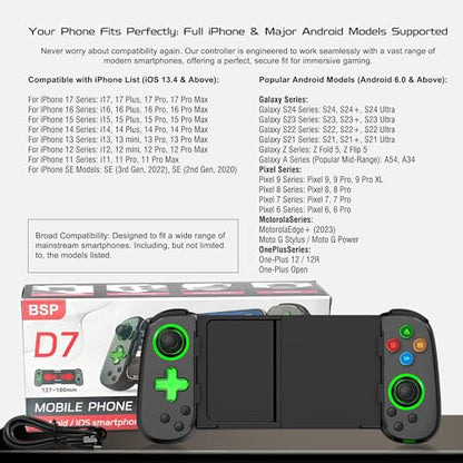 Joso Phone Controller for iPhone & Android, Wireless Mobile Game Controller with Hall Effect Joystick, Turbo | Compatible with iPhone 17-12, Galaxy S24-S21 Series for COD Mobile, Genshin Impact, Cloud Gaming - color: Black | D7
