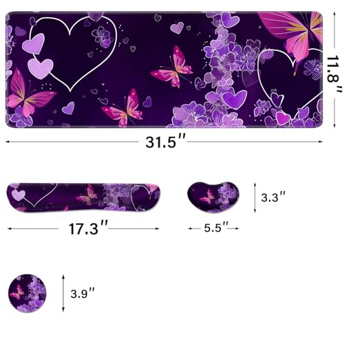 Desk Pad and Keyboard Wrist Rest, Large Mouse Pad + Keyboard Pad+Mouse Wrist Support, Non-Slip Desk Mat Protector for Office, Home 31.5×11.8 Inches Purple Butterfly - color: Butterfly