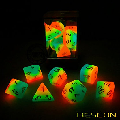 Bescon Fantasy Rainbow Glowing Polyhedral Dice 7pcs Set Midnight Candy, Luminous RPG Dice Set Glow in Dark, Novelty DND Game Dice d4 d6 d8 d10 d12 d20 d% in Brick Box - color: Midnight Candy