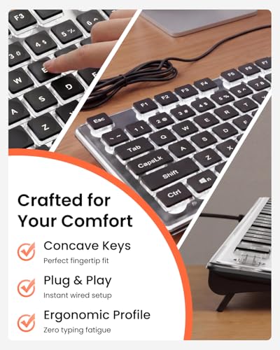 SEUNKWANG Wired Backlit Keyboard with Pudding Keycaps, Quiet Full Size Computer Keyboard White Backlight Easy-to-Read, Never Fade, Metal Panel, USB Cute Desk Setup for Windows PC Desktop, Black - color: Black-white
