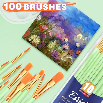 ESRICH Paint Brushes Set,10 Packs 100 Pcs Acrylic Paint Brush Set,Acrylic Oil Watercolor, Face Nail Art, Miniature Detailing,Rock Painting,Painting Artist Professional Kits(Green) - color: Green, size: 100
