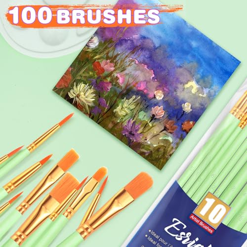 ESRICH Paint Brushes Set,10 Packs 100 Pcs Acrylic Paint Brush | Acrylic Oil Watercolor, Face Nail Art, Miniature Detailing,Rock Painting, Painting Artist Professional Kits, Green - color: Green, size: 100