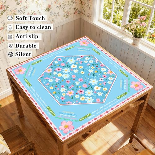 Pittera Mahjong mat for Table/31.5lnch/American Mahjong Table Cloth with Rules mats with Drawstring Bag,Noise ReductionAnti-Slip Game mat for Table,for Mahiona/PokerBoard Games/Card Games (Flower) - color: Blue Flowers
