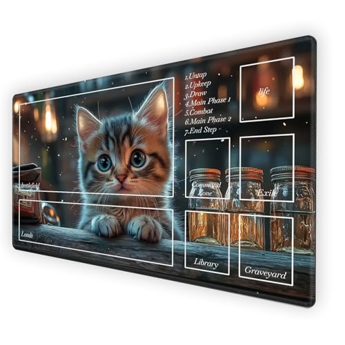 Card Playmat with Free Storage Bag MTG Playmat with Zones | 36x20 Smooth Surface TCG Board Game Mat for Cards | Stitched Edges, Non-Slip Rubber Base - Cute Kitten - color: Cute Kitten, size: 20W*36L With Zones
