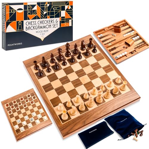 Pointworks 17 Inch Chess Checkers Backgammon Set for adults, Wooden chess set combo, portable folding two sided board multi game design, maple walnut inlay with large weighted pieces, acrylic checkers - style: Backgammon, Chess & Checkers