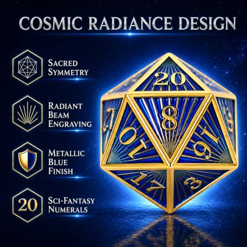 Radiant Array Metal DND Dice Set, 7-Piece RPG Dice | Solid zinc alloy dice with weighty feel, raised numbers, blue gold cosmic design, and a collector box for RPG play. - color: Blue
