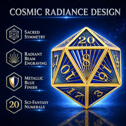 Radiant Array Metal DND Dice Set, 7-Piece RPG Dice | Solid zinc alloy dice with weighty feel, raised numbers, blue gold cosmic design, and a collector box for RPG play. - color: Blue