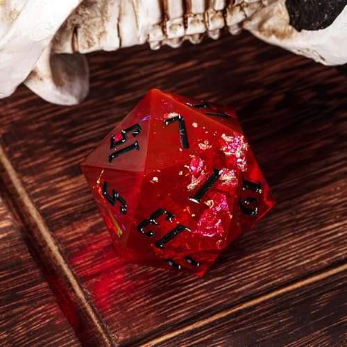 Cusdie Single D20 DND Dice with Sharp Edges and Glitter Foil Inclusions, 33mm Handcrafted 20 Sided D&D Dice, for Role Playing Game (Flame Red w/Black Numbers) - color: Flame Red With Black Numbers