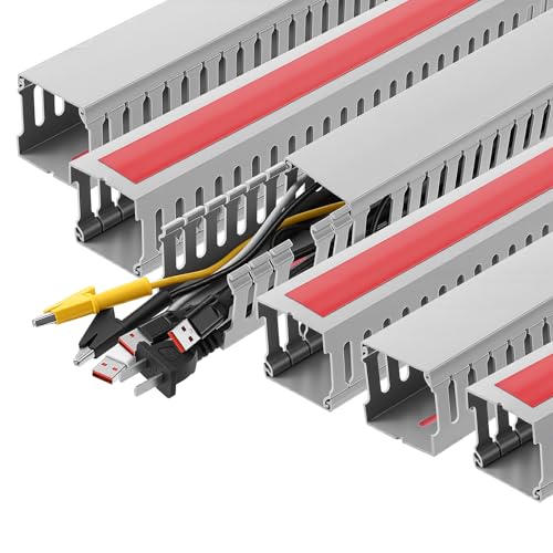 6 Pack 15.7 Inch Server Rack Cable Management Raceway PVC Cable Duct with Acrylic Adhesive Open Slot Wire Raceway Cables Management for Under Desk TV Computer Network Cords, Gray