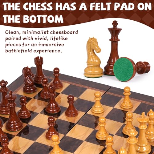 2 in 1 Chess Set and Checkers Board Game, 15 Inch Wooden Folding Chess Board with Acrylic Chess Pieces and Wooden Checkers, Classic Strategy Game Set for Kids and Adults, Travel Chess Set