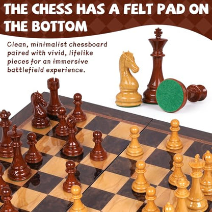 2 in 1 Chess Set and Checkers Board Game, 15 Inch Wooden Folding Chess Board with Acrylic Chess Pieces and Wooden Checkers, Classic Strategy Game Set for Kids and Adults, Travel Chess Set