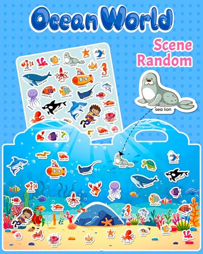Walenced Reusable Sticker Book for Toddlers, Travel Stickers for Kids, Toddler Craft Activities Toys, Birthday Gifts for Boys & Girls - style: Ocean