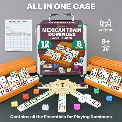 Queensell Mexican Train Dominoes Set with 8 Holders - Wooden Hub and Tiles Holders - Double 12 Tiles with Dots (D12 + 8 Holders) - style: D12 + 8 Holders