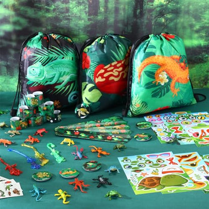 Paterr 94 Pcs Reptile Party Favors Reptile Birthday Party Supplies Decorations Include Gift Bags Slap Bracelets Badges Tattoos Stickers frog Lizard Toys Stretchy Sticky Toys for Boy Girl