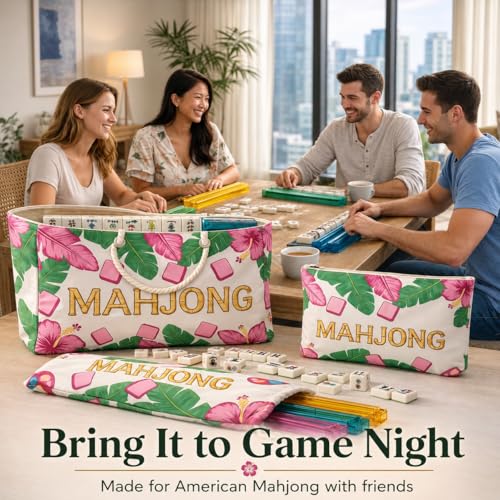 3 Pcs Empty American Mahjong Bags for Tiles and Racks and Mat, Pink Tropical Mahjong Carrying Tote with Zipper Tile Pouch and Rack Sleeve, Thickened Canvas Storage Bag, Case Only - color: Pink Tropical