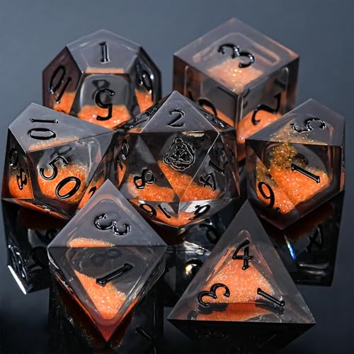 Liquid Core Dice Set - Handcrafted d&d dice Sharp Edge 7Die Resin Dice with Colorful Quicksand Effect,Polyhedral D and D Dice Set for Dungeons and Dragons RPG MTG Table Games BLBZE BEHR Soul - color: Orange Black Text, style: BLBZE BEHR SOUL