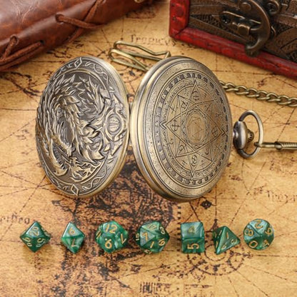 Mini DND Dice Set with Steampunk Dragon Large Pocket Watch Shell Case, 7-Piece Polyhedral Acrylic D&D Dice, DND Gift Bag with Dragon Logo, Role Play Board Game Accessories, Bronze + Green - color: Bronze + Green