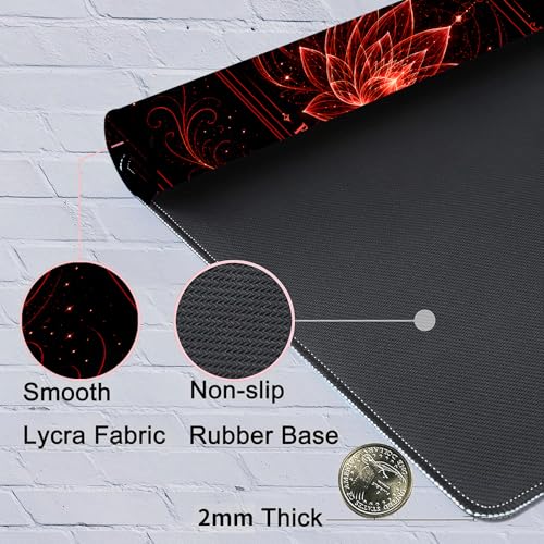 Playmat for MTG with Zones, 24 x 14 Inch Card Game Mat, Stitched Edges, Non Slip Rubber Base, 2mm Washable Play Mat with Storage Bag, Lotus Flower Design, Red Color - color: Red