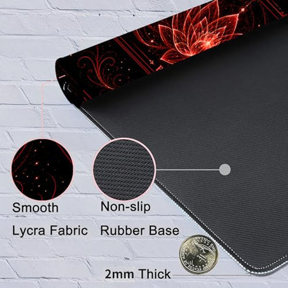 Playmat for MTG with Zones, 24 x 14 Inch Card Game Mat, Stitched Edges, Non Slip Rubber Base, 2mm Washable Play Mat with Storage Bag, Lotus Flower Design, Red Color - color: Red