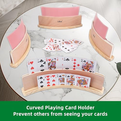GOTHINK Set of 4 Curved Wooden Playing Card Holder for Kids Adults Cards Holders for Playing Cards 14x1.6x4 In Anti-Slip Card Tray for Bridge Canasta Strategy Card Game - Collection Card Display Stand - style: Upgrade Two Slot